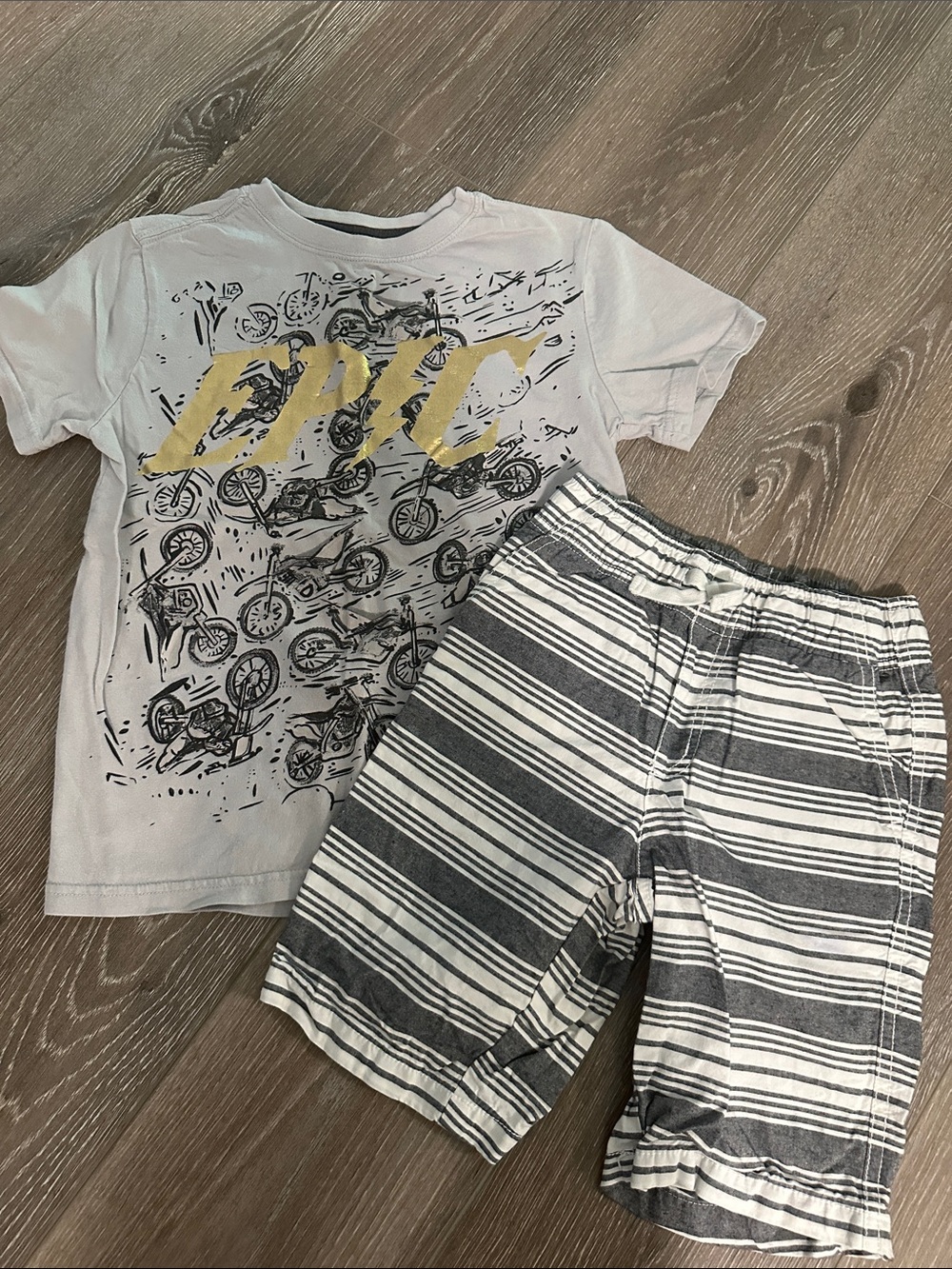 Gymboree White Tee and Gray Striped Shorts Set with Gold Graphic